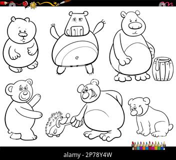 Black and white cartoon humorous illustration of funny bears animal characters set coloring page Stock Vector