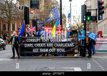 London, 1st March 2023, Anti-Brexit and Tory Government Protestors outside of UK Parliament Stock Photo