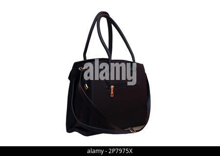 Women's black leather bag on white background. Stock Photo