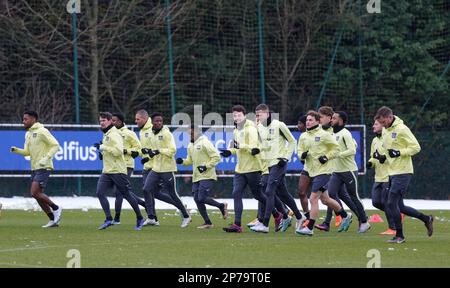 Anderlecht's players pictured during a training session of Belgian soccer team RSC Anderlecht, Wednesday 08 March 2023 in Brussels. The team is preparing for tomorrow's match against Spanish Villarreal CF, the first leg of the round of 16 of the UEFA Europa Conference League competition. BELGA PHOTO VIRGINIE LEFOUR Stock Photo