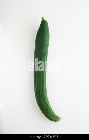 One whole unpeeled fresh green long cucumber isolated on white background top view. Stock Photo