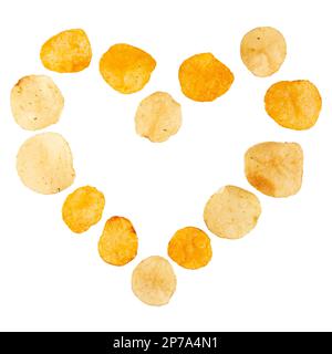 Isolated potato chips in the shape of heart. Tantalizing blend of smoky and savory Stock Photo