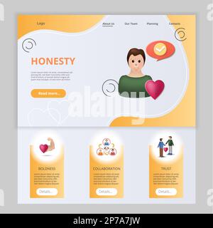 Honesty flat landing page website template. Boldness, collaboration, trust. Web banner with header, content and footer. Vector illustration. Stock Vector