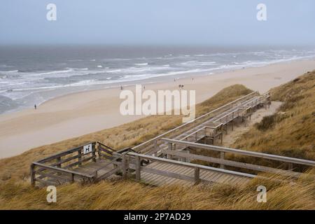 Wooden footbridge through the dunes to the beach, Sylt, North Frisian Island, North Frisia, Schleswig-Holstein, Germany Stock Photo