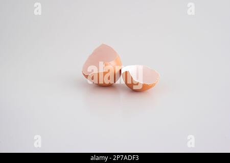 Cracked broken open chicken eggshells on white background. Close up shot, top view, no people. Stock Photo