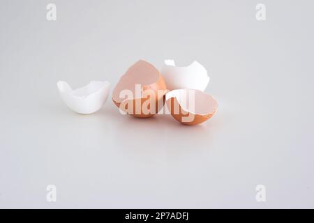 Cracked broken open chicken eggshells on white background. Close up shot, top view, no people. Stock Photo