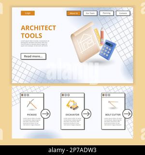 Architect tools flat landing page website template. Pickaxe, excavator, bolt cutter. Web banner with header, content and footer. Vector illustration. Stock Vector