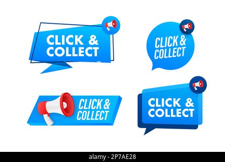 Megaphone label set with text Click and collect. Megaphone in hand promotion banner. Marketing and advertising Stock Vector