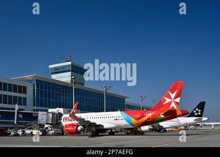 Air Malta Airbus A320 Neo in front of Satellite Terminal 2, Munich Airport, Upper Bavaria, Bavaria, Germany Stock Photo