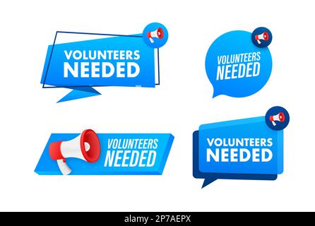 Megaphone label set with text Volunteers Needed. Megaphone in hand promotion banner. Marketing and advertising Stock Vector