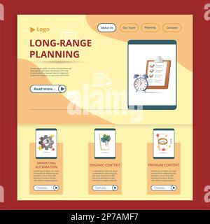 Long-range planning flat landing page website template. Marketing automation, organic content, premium content. Web banner with header, content and Stock Vector