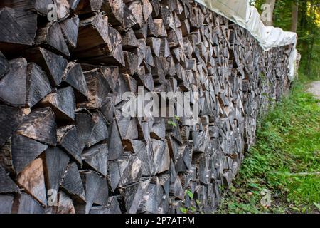 Stacked pile of tree trunks in a forest. Forestry work, summer, daytime, no people. Stock Photo