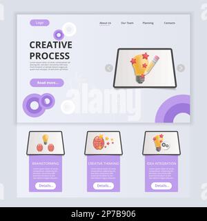 Creative process flat landing page website template. Brainstorming, creative thinking, idea integration. Web banner with header, content and footer Stock Vector