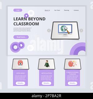 Learn beyond classroom flat landing page website template. Open mind, articulation, computational thinking. Web banner with header, content and footer Stock Vector