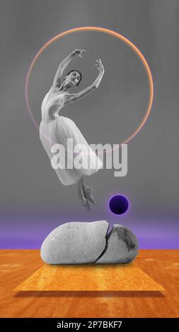 Creative design. Contemporary art collage. Tender beautiful ballerina in white light dress dancing over futuristic neon circle against grey background Stock Photo