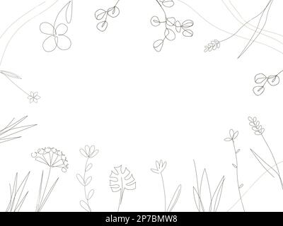 Floral frame with vector doodle hand drawn plants in continuous line style. Abstract contour background Stock Vector