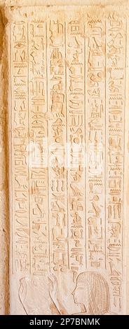 Egypt, Saqqara,  tomb of Horemheb,  north wall of the inner court, pilaster : Text. Stock Photo