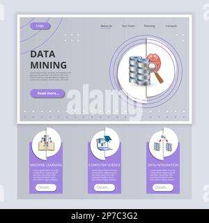 Data mining flat landing page website template. Machine learning, computer science, data integration. Web banner with header, content and footer Stock Vector