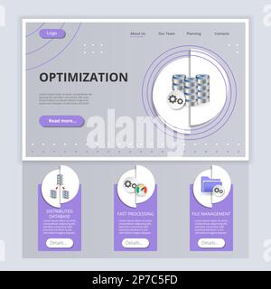 Optimization flat landing page website template. Distributed database, fast processing, file management. Web banner with header, content and footer Stock Vector