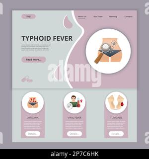 Typhoid fever flat landing page website template. Urticaria, viral fever, tungiasis. Web banner with header, content and footer. Vector illustration. Stock Vector
