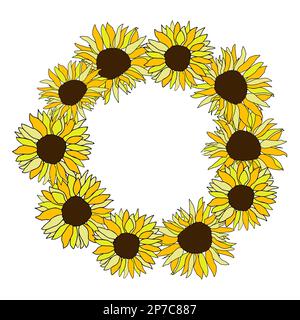 Cute sunflower wreath set for surface decoration. Hand drawn floral vector elements Stock Vector