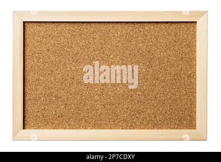 Simple wooden picture frame cutout. Cork board with pine wood frame isolated on a white background. Notice board for message and announcement bulletin Stock Photo