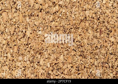 Brown cork texture macro. Background of corkboard surface for paper notes and memo stickers. Grainy wood material of the cork oak bark. Cork board. Stock Photo