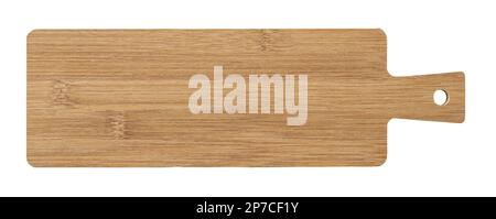 Long serving board cutout. Empty bamboo board with handle for serving food isolated on a white background. Modern kitchen utensil made of wood. Stock Photo