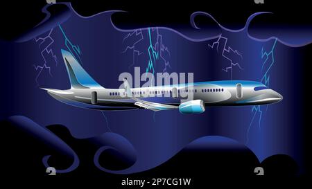 A plane flies in the sky in dark clouds during a thunderstorm, lightning flashing from all directions. danger Stock Vector
