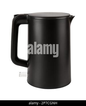 Stylish electric kettle cutout. Matte black kettle isolated on a white background. Kitchen equipment for boiling water. Household electric appliances Stock Photo