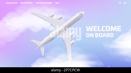 Vector 3d illustration of airplane in the clouds and gradient sky, top view. Online booking service or travel agency website template. Advertising ban Stock Vector