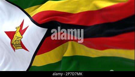 Zimbabwe national flag waving. Horizontal stripes of green, yellow, red and black. White triangle with a red star and yellow bird. 3D illustration ren Stock Photo