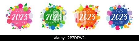 2023 four labels Memfis for the seasons. Hello spring, hello summer, hello autumn, hello winter isolated graphic template background. Creative vector Stock Vector
