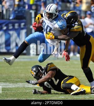 Pittsburgh Steelers linebacker James Harrison (92) closes in on Baltimore  Ravens running back Willis McGahee (23) during an NFL divisional playoff  game in Pittsburgh Saturday, Jan. 15, 2011. The Steelers won 31-24. (