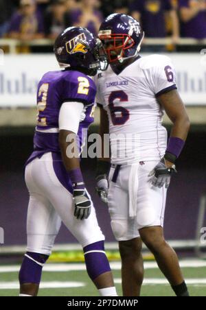 Stephen F. Austin defensive back Andre Banks, right, and Northern Iowa wide  receiver Terrell Sinkfield exchange words in the first half of an NCAA  college football game at the UNI-Dome on Saturday, Sept. 18, 2010, in Cedar  Falls, Iowa. Banks was called