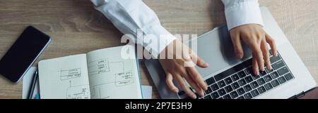 Close up of business woman hands working using keyboard of laptop in office. Top view Stock Photo