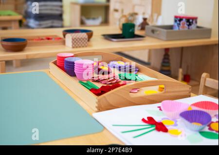 Classroom of Montessori kindergarten. The colorful Montessori material. Concept of children learning toy Stock Photo