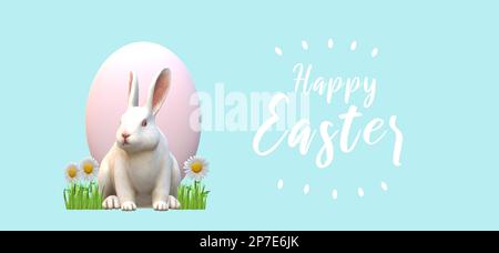 Happy Easter banner with Easter bunny, egg and flowers. Stock Photo