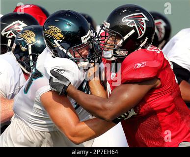 Atlanta Falcons defensive end Zach Harrison (96) works during the