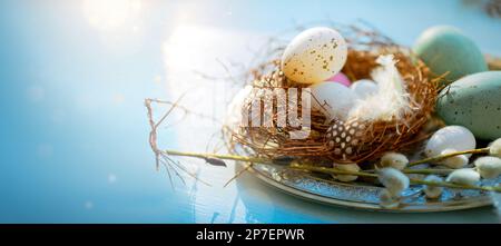Easter holiday decoration on blue wooden background; sunny happy Easter morning Stock Photo