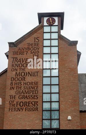 Premier Inn hotel in Guildford, Surrey, England, UK, with Walter de la Mare poem 'The Listeners' in large letters on the wall Stock Photo