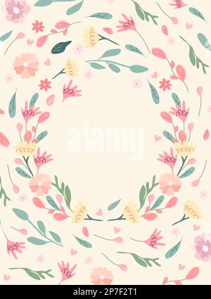 Bright card with floral wreaths and space for text. Colorful flowers and hearts around. Minimalist compositions are ideal for invitations, postcards, banners, weddings. Vector illustration. Stock Vector