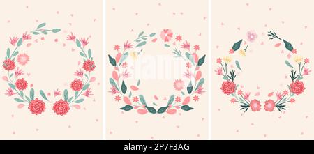 Bright cards with floral wreaths and space for text. Colorful flowers and hearts around. Minimalist compositions are ideal for invitations, postcards, banners, weddings. Vector illustration. Stock Vector