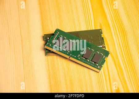 top view ddr4 ram laying on wooden floor Stock Photo