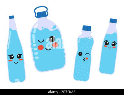 Funny Water Bottles With Cute Faces Vector Illustration In Flat Style Stock Vector