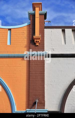 526 Orange-brown-white Art Deco buildings at The Corso pedestrian mall-Manly suburb. Sydney-Australia. Stock Photo