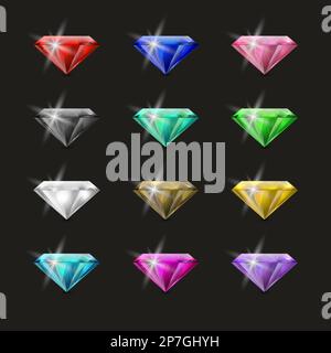 Vector Multi Colored 3d Realistic Transparent Trangle Glowing Gemstones, Diamonds, Crystals, Rhinestones Closeup Isolated. Jewerly Concept. Design Stock Vector