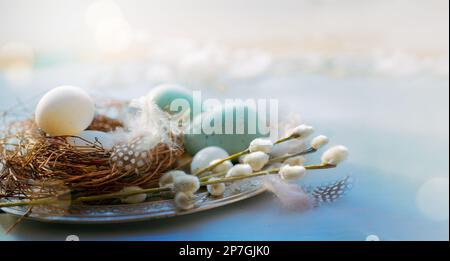 Easter banner background with Easter decoration eggs and spring flowers. Happy Easter morning. copy space Stock Photo