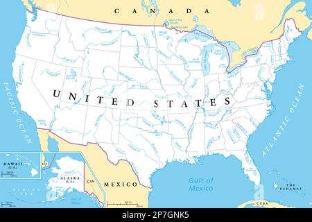 United States, rivers and lakes, political map. The main stems of the longest rivers, and the largest lakes of the United States of America. Stock Photo