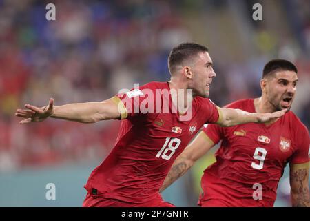 Doha, Qatar. 02nd Dec, 2022. Dusan Vlahovic of Serbia celebrates a goal during the FIFA World Cup Qatar 2022 match between Serbia and Switzerland at Stadium 974. Final score; Serbia 2:3 Switzerland. (Photo by Grzegorz Wajda/SOPA Images/Sipa USA) Credit: Sipa USA/Alamy Live News Stock Photo